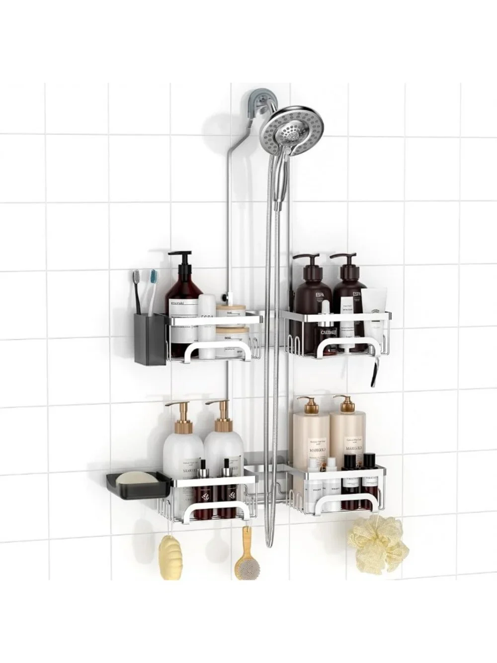 Hanging Split Shower Caddy for Handheld Showerheads - Silver Storage Organizer